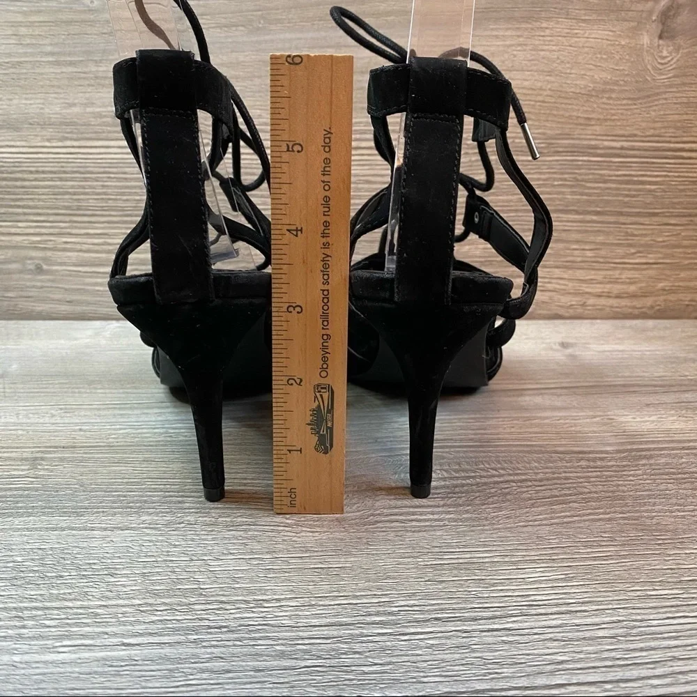 Black velvet pointy lace up heels